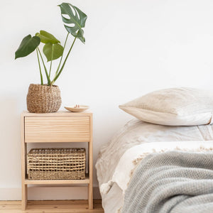 Regalkorb mit Pflanze auf Nachttisch