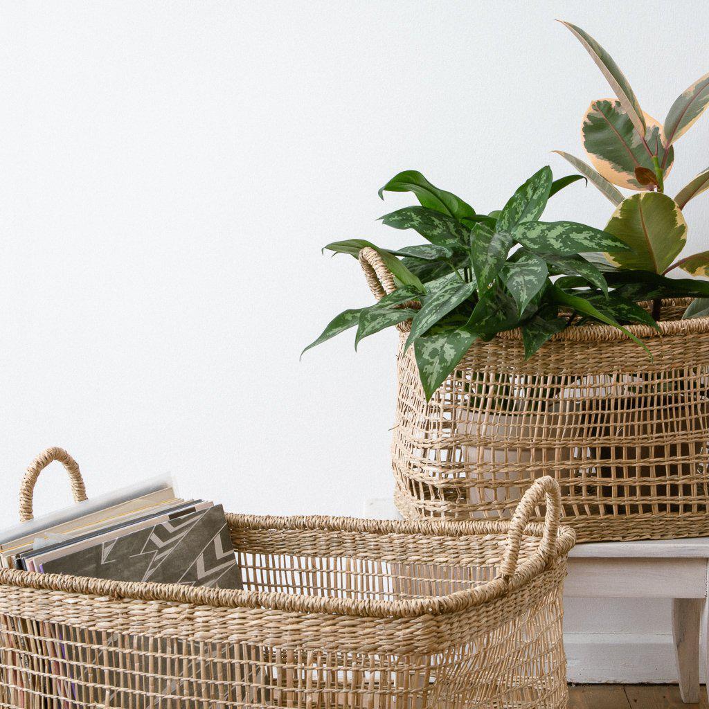 Eckiger Seegras Korb Gaya, mit Henkeln
