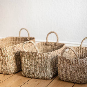 Set aus drei rechteckigen Seegras Körben Pura in verschiedenen Größen, ideal zur Aufbewahrung