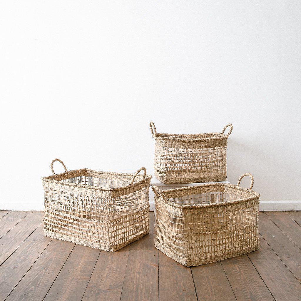 Eckiger Seegras Korb Gaya, mit Henkeln